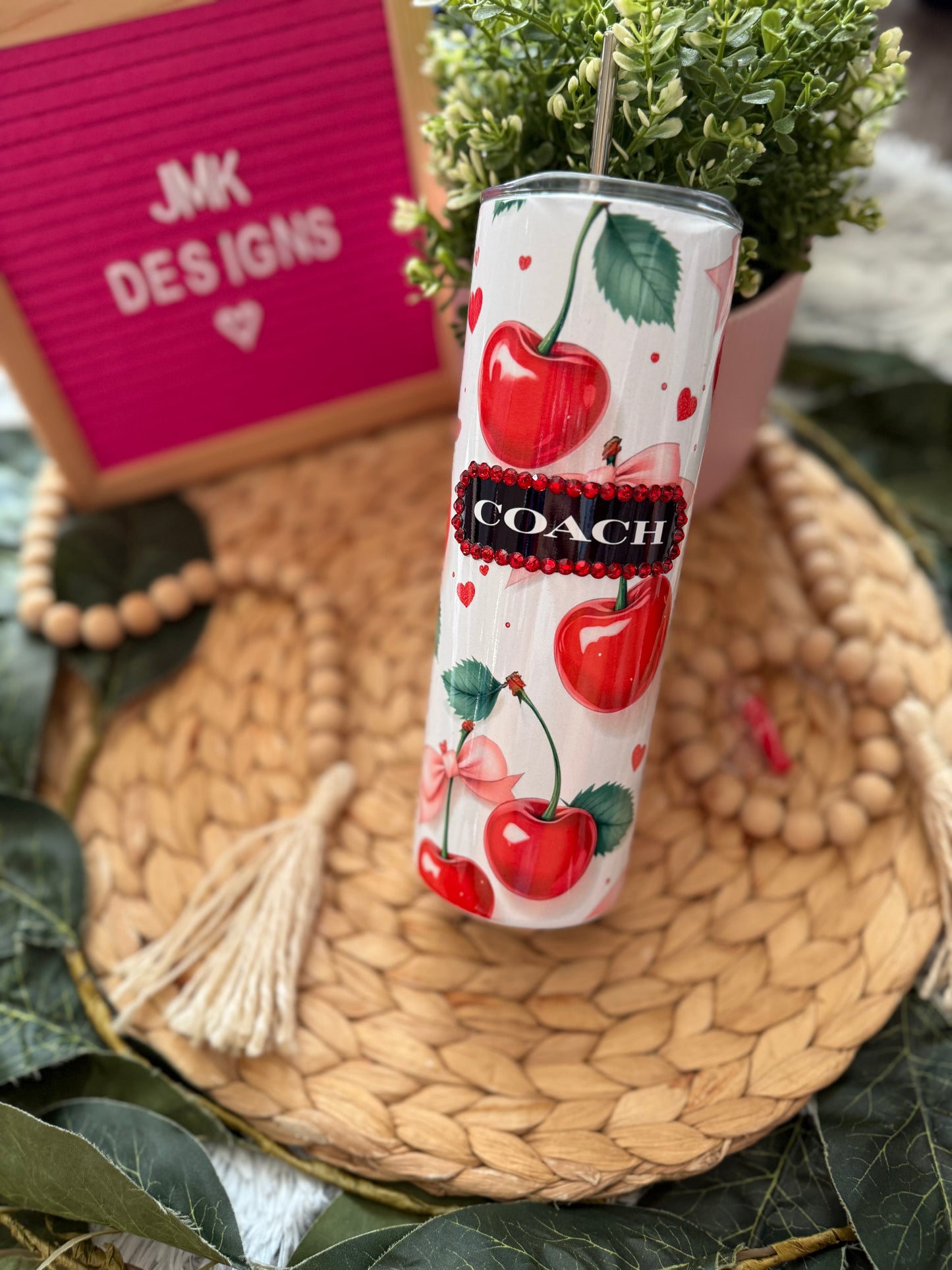 π 20oz Cherry Rhinestone Accent Stainless Steel Tumbler with Metal Straw