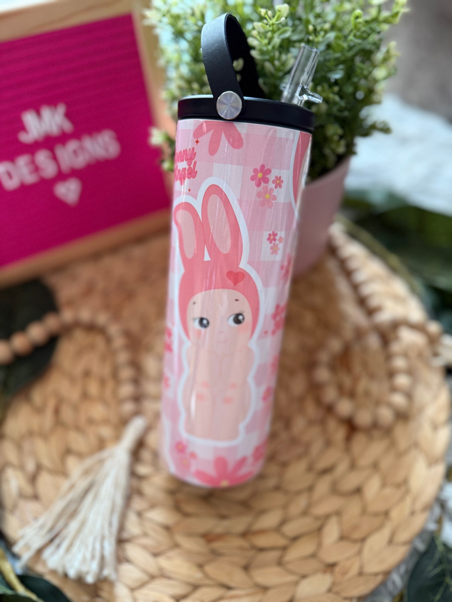 Angel Bunny 20oz Tumbler with Handle & Straw Pink Floral Design 🌸