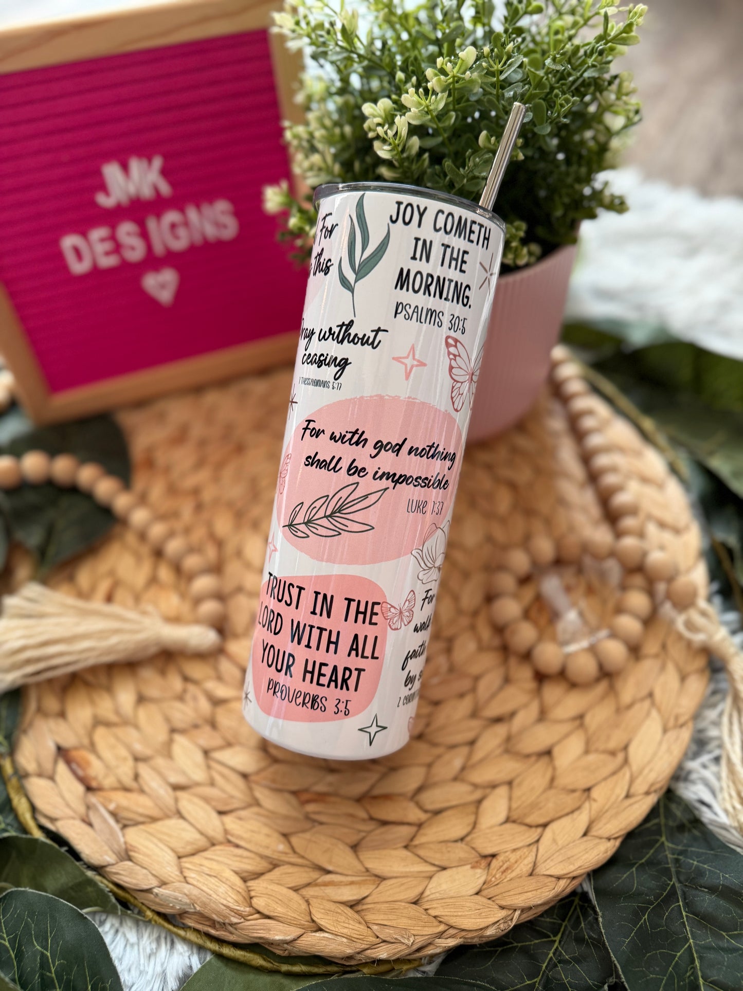 ✨ 20oz Christian Scripture Stainless Steel Tumbler with Metal Straw Bible Verse Design