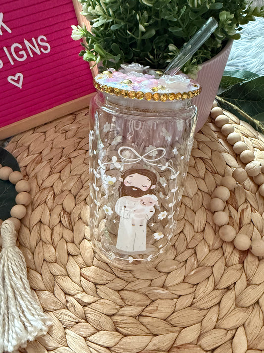 Custom Pink & Gold “JESUS” with the sheep 🐑 Rhinestone Glass Tumbler  16oz Christian