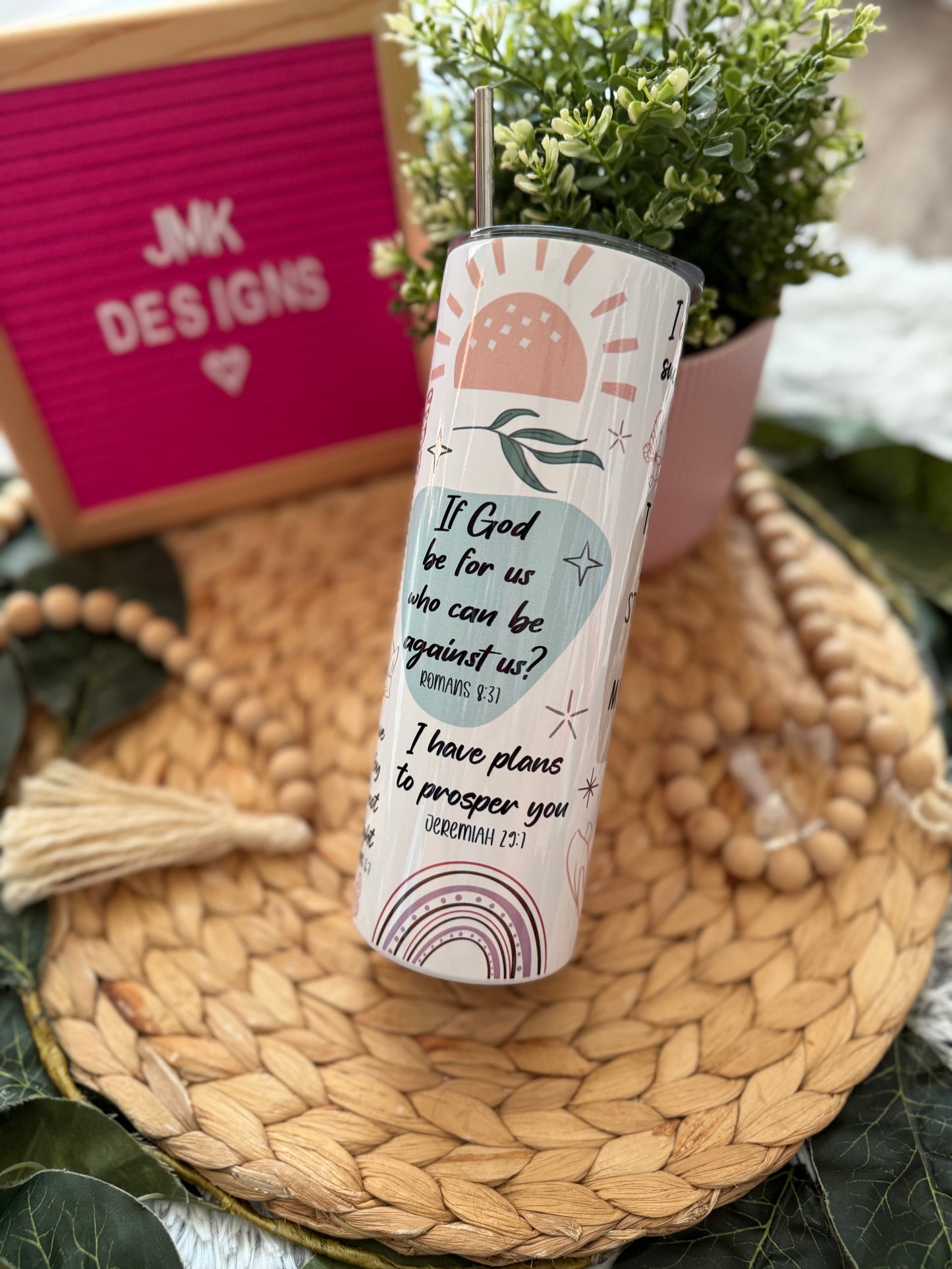 ✨ 20oz Christian Scripture Stainless Steel Tumbler with Metal Straw Bible Verse Design