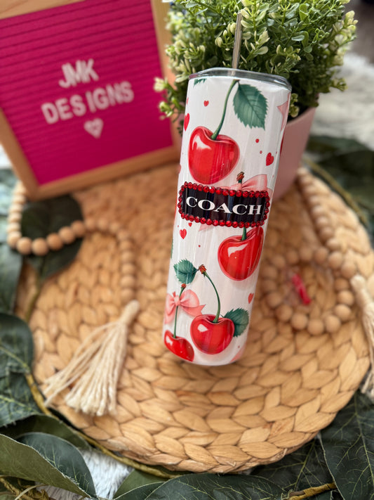 🍒 20oz Cherry Rhinestone Accent Stainless Steel Tumbler with Metal Straw