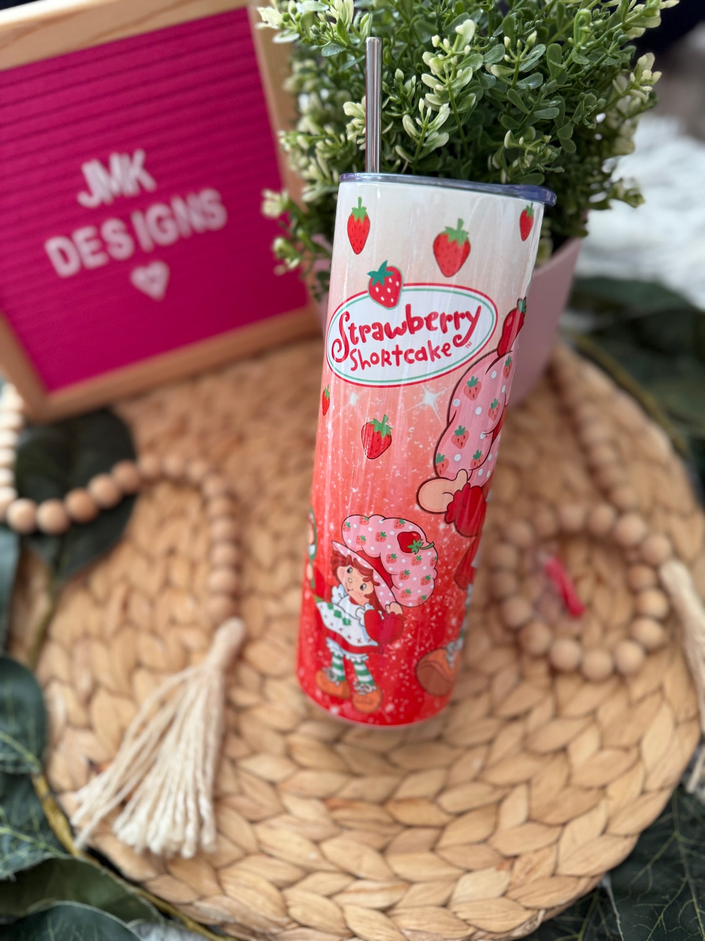 🍓 20oz Strawberry Glitter Stainless Steel Tumbler with Metal Straw