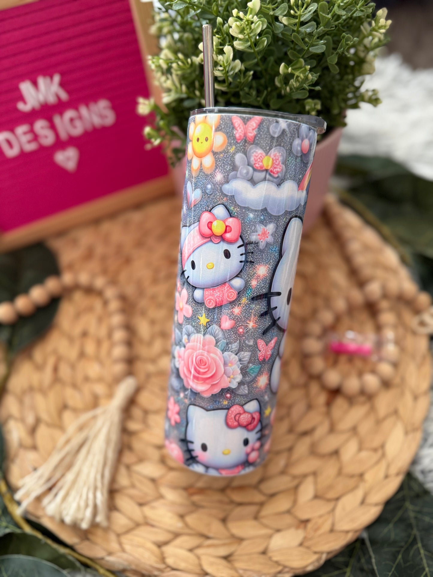 🌈 20oz Rainbow & Kitty-Inspired Stainless Steel Tumbler with Metal Straw 💕