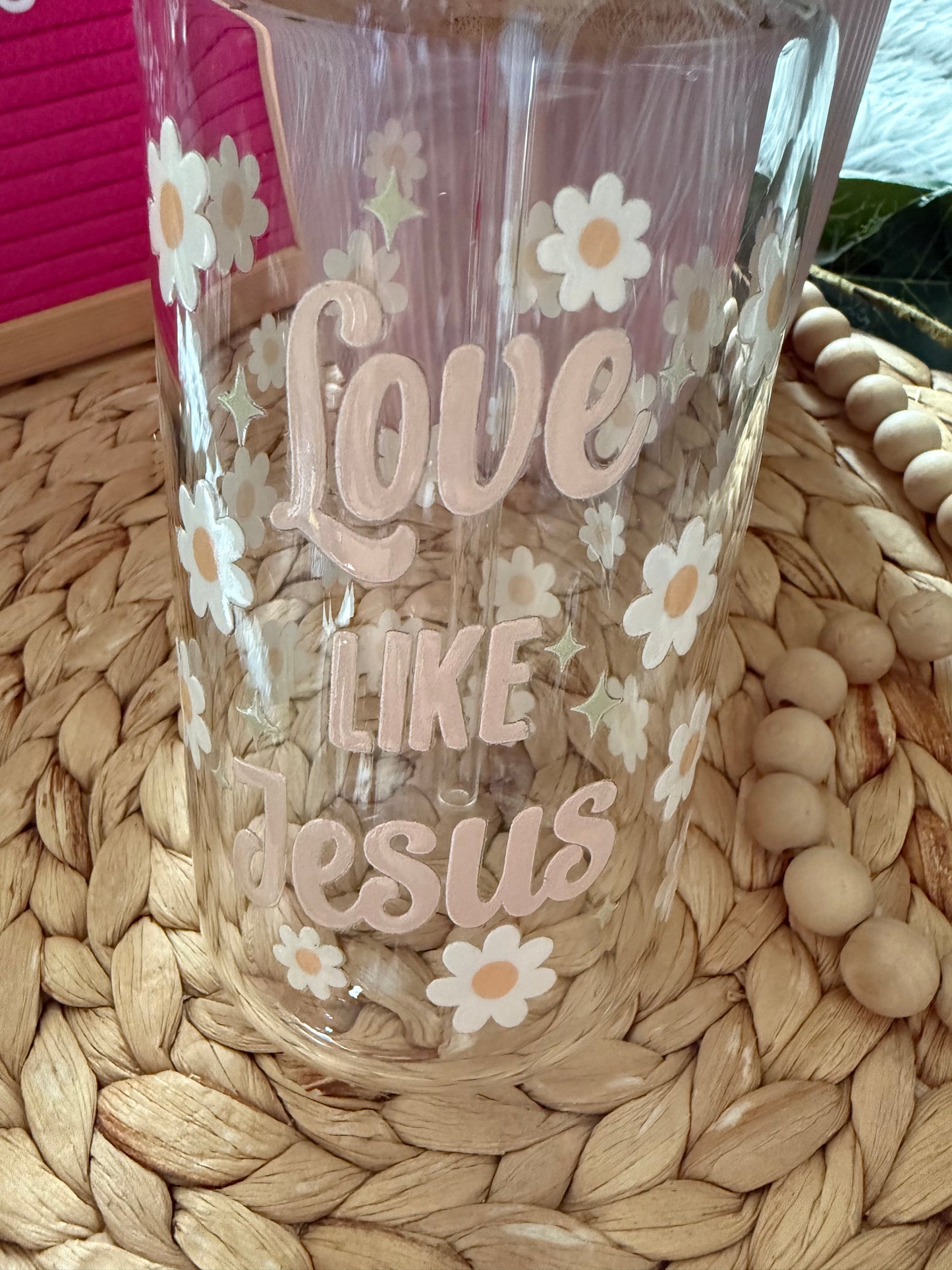“Love like Jesus” Glass Tumbler with Straw 16oz Cup Christian Gift 🩷