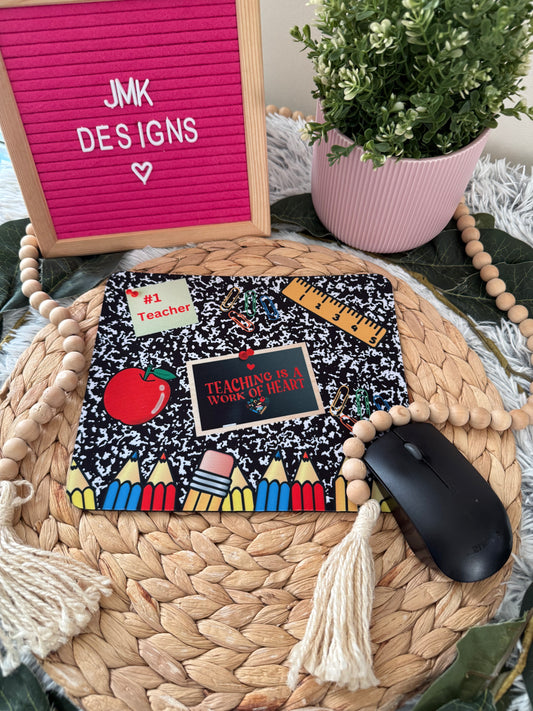 Teaching Is a Work of Heart Mousepad – Composition Notebook Theme 🍎