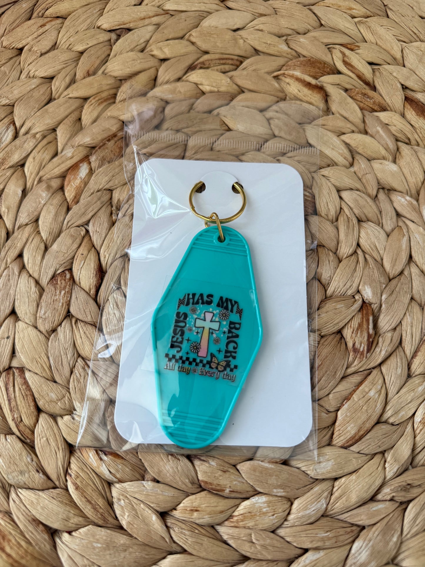 Jesus Has My Back” Motel Keychain – Turquoise 💕