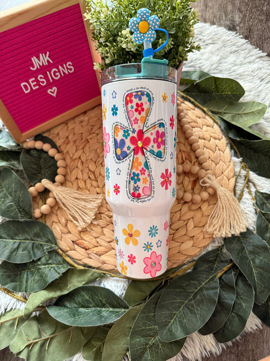 Floral Cross 30oz Tumbler with Rhinestones & John 3:16 Scripture 💕