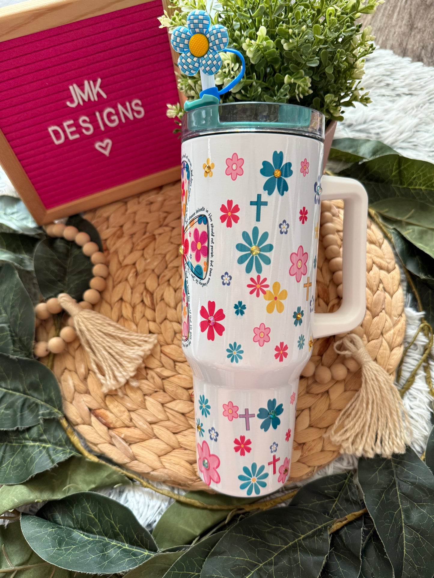 Floral Cross 30oz Tumbler with Rhinestones & John 3:16 Scripture 💕