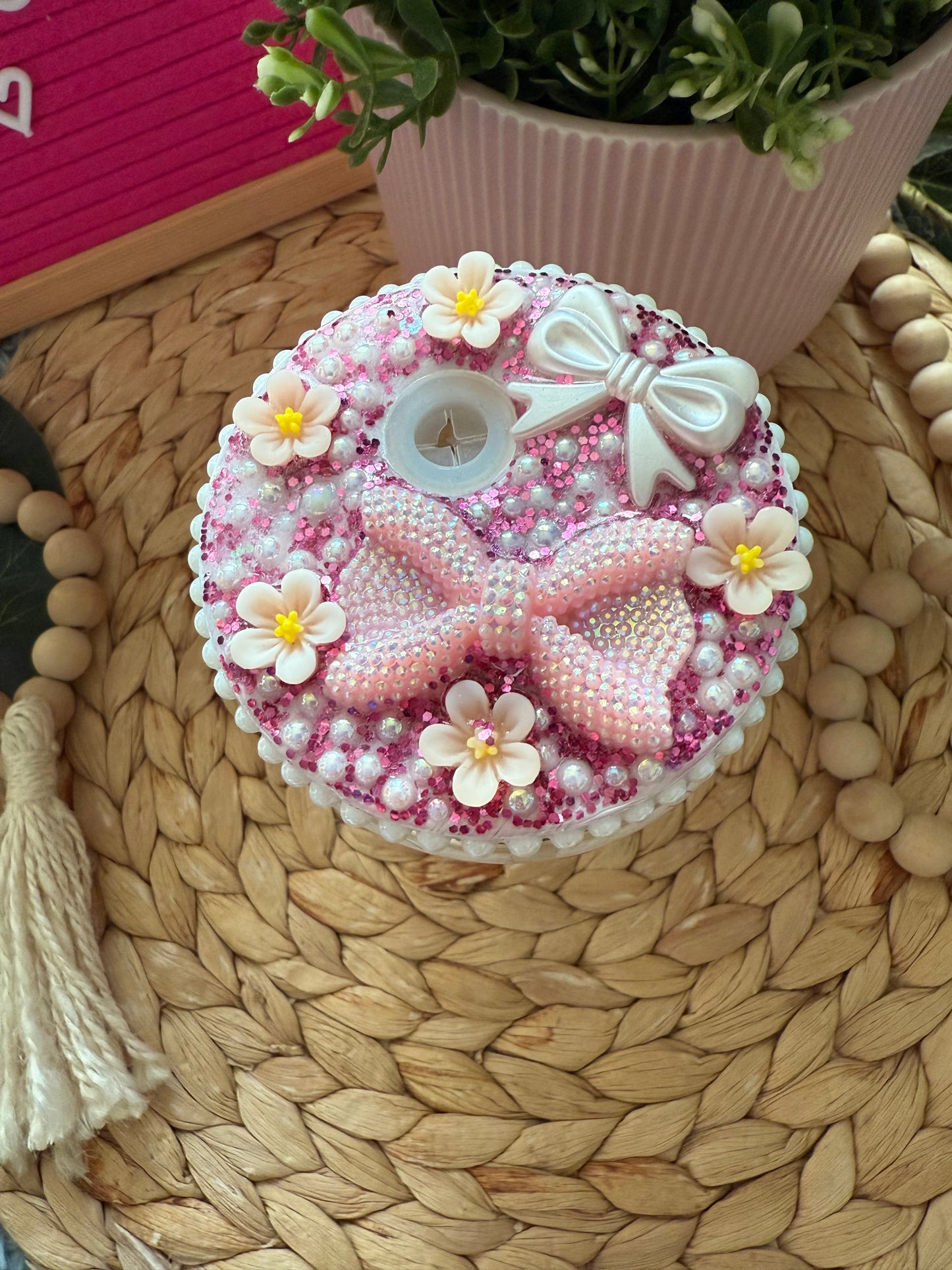 Pink Bow & Cherry Glass Cup 16oz with Decorative Lid & Straw 🎀
