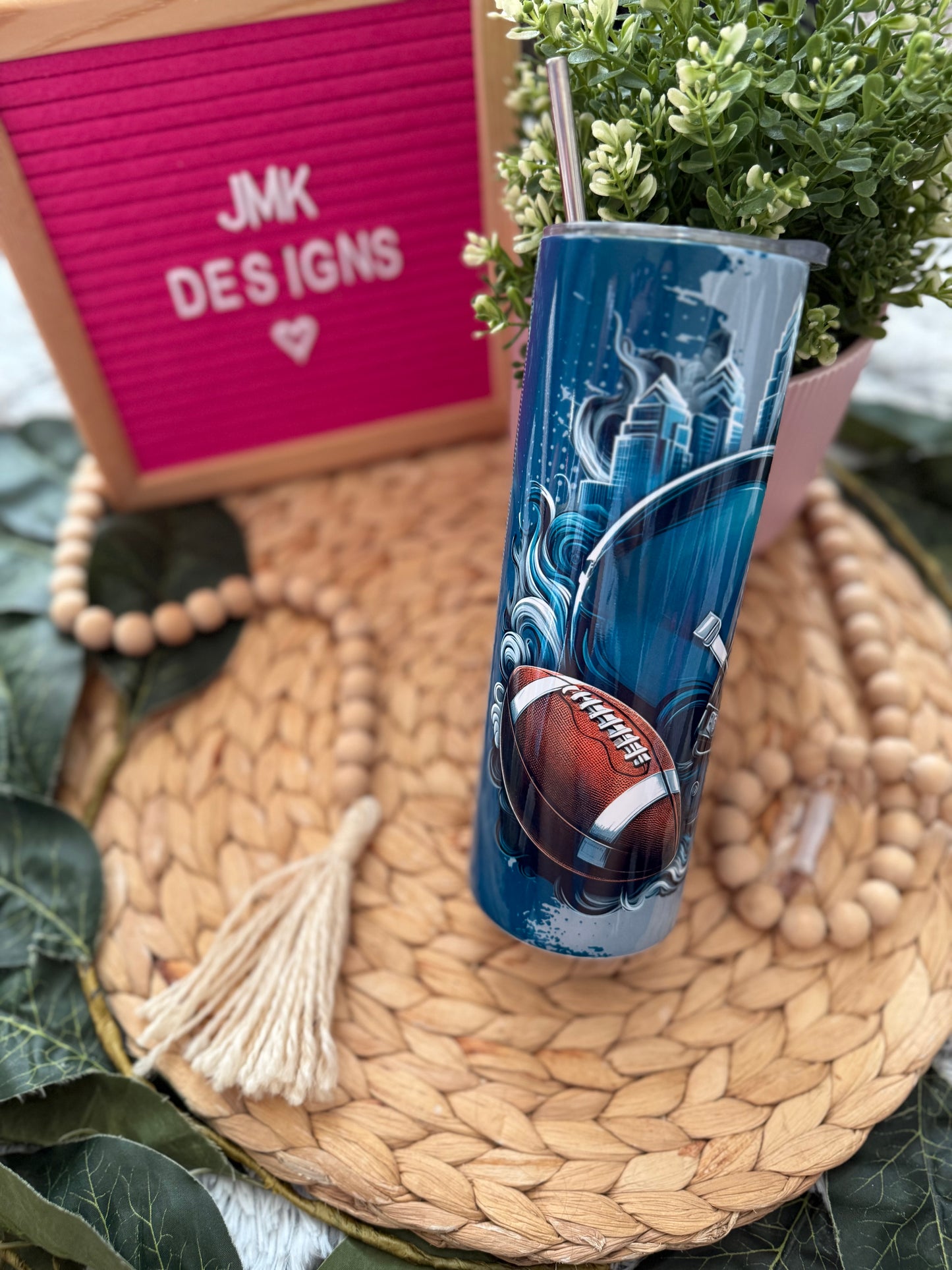 🏈 20oz Green & Silver Football Inspired Stainless Steel Tumbler with Metal Straw