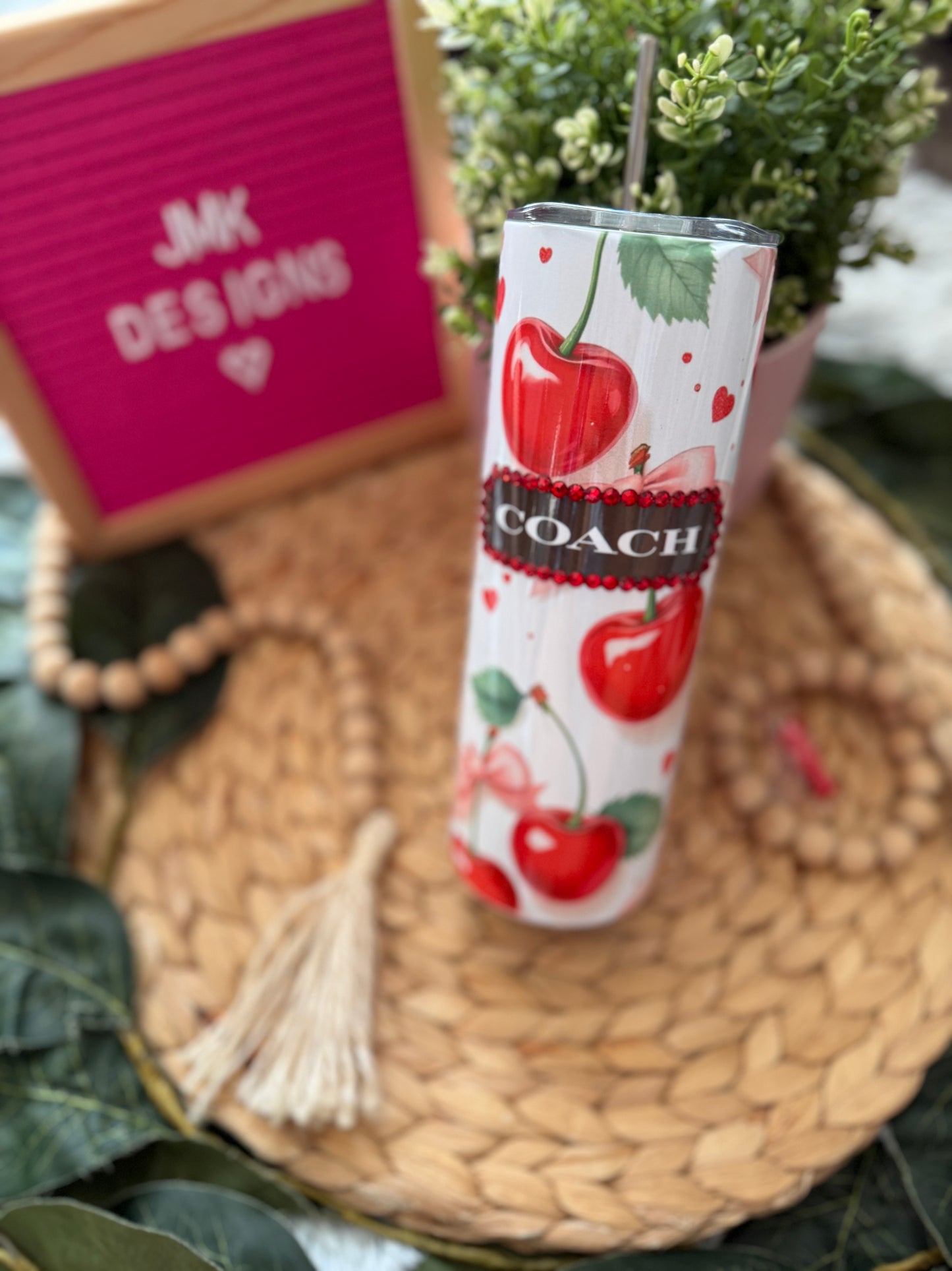🍒 20oz Cherry Rhinestone Accent Stainless Steel Tumbler with Metal Straw