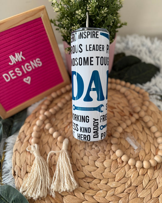 Dad Word Collage 20oz Tumbler – Father’s Day Gift | Blue & Black Typography Design 💙