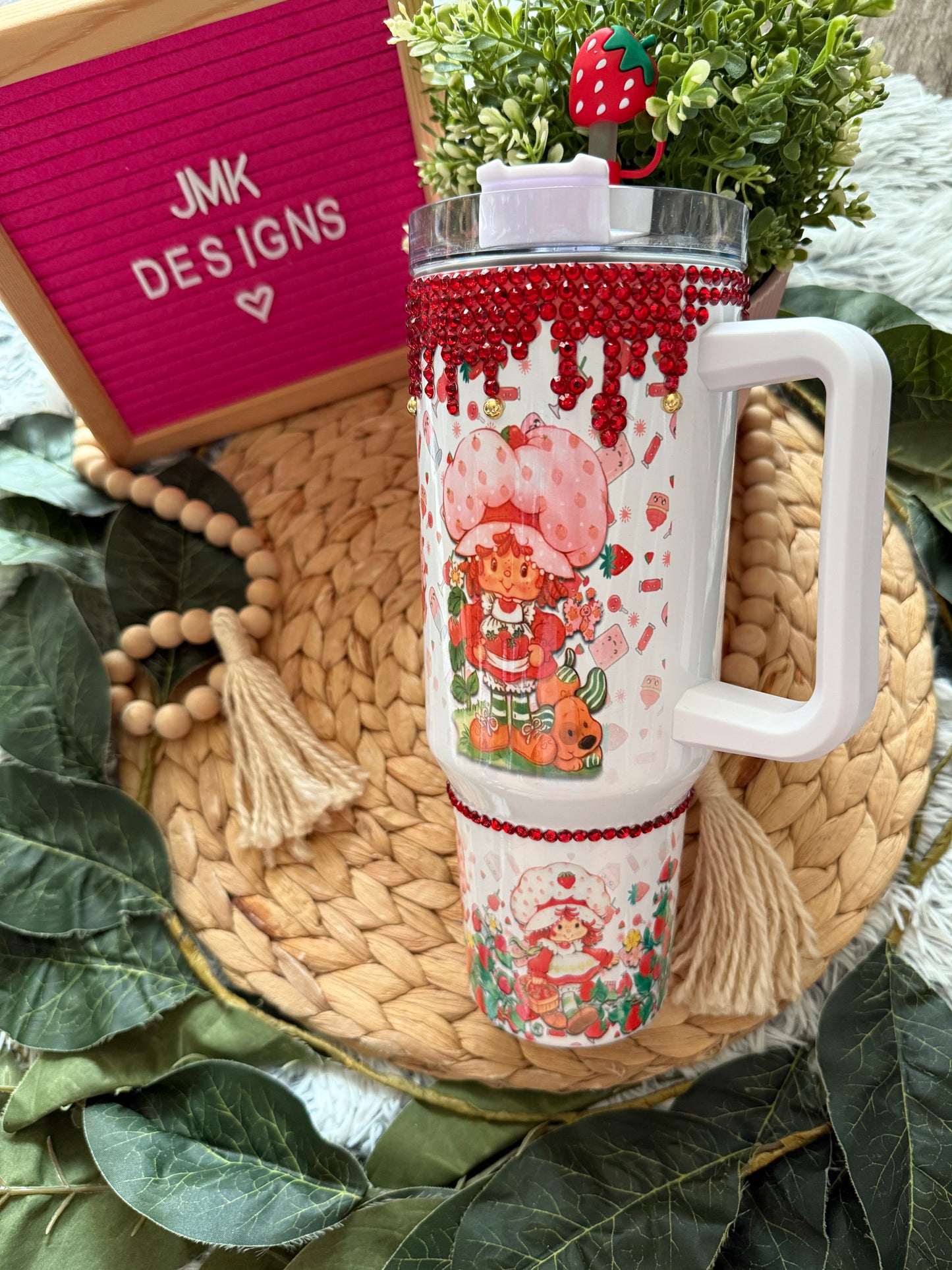 40oz Strawberry-Inspired Rhinestone Tumbler with Handle & Straw Topper 🍓