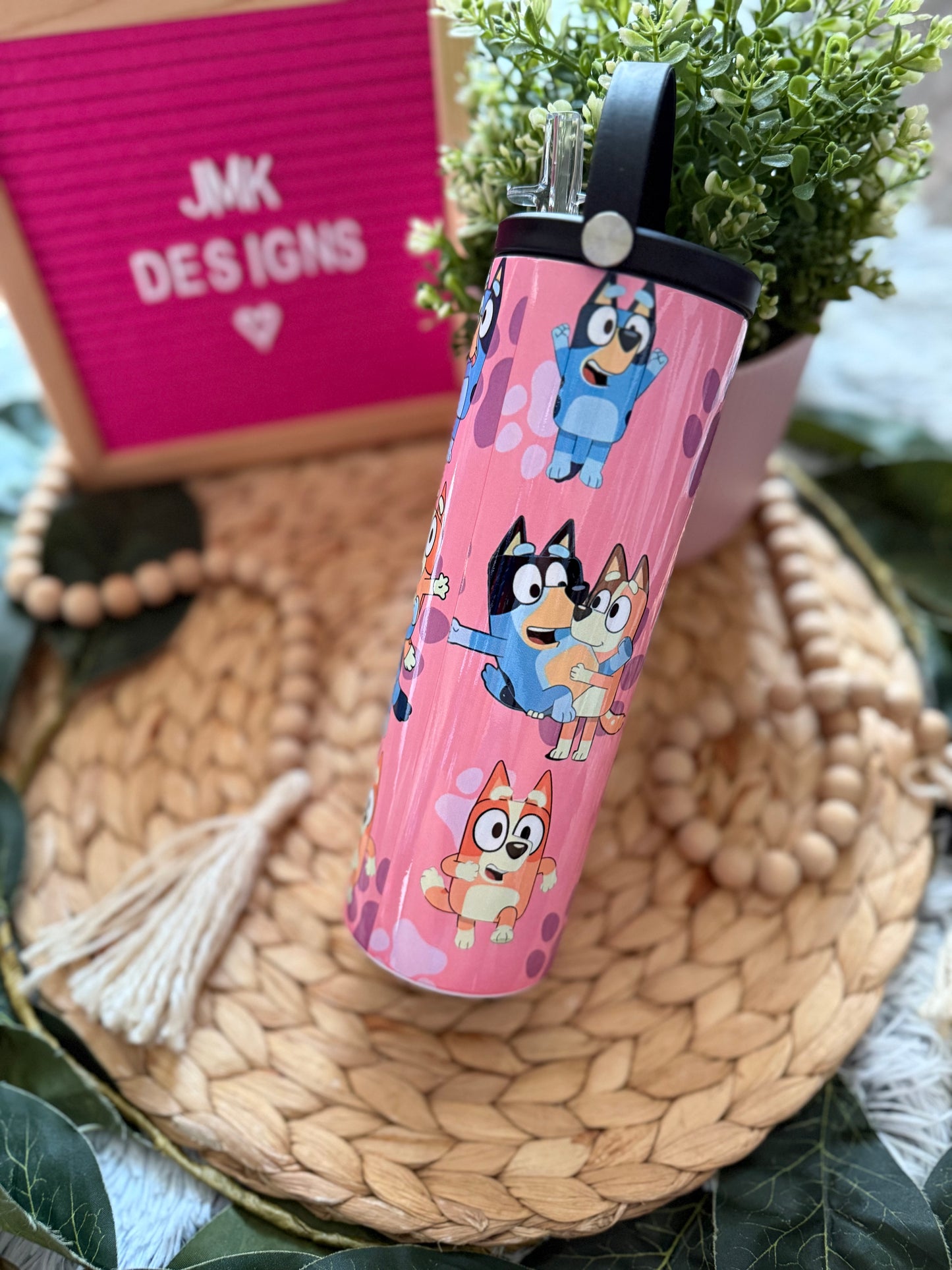 Pink Cartoon Dog 20oz Tumbler with Handle & Straw Playful Paw Print Design 💞 🐾