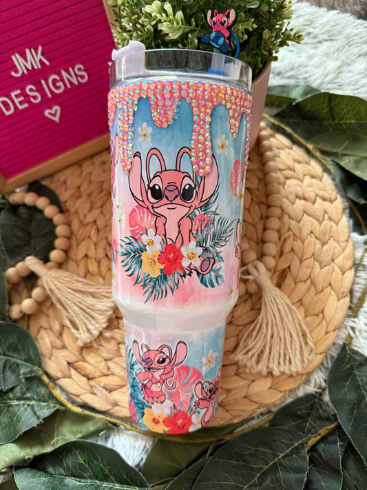 ✨ Pink Alien Tropical Rhinestone Tumbler 40oz with Handle & Lid ✨