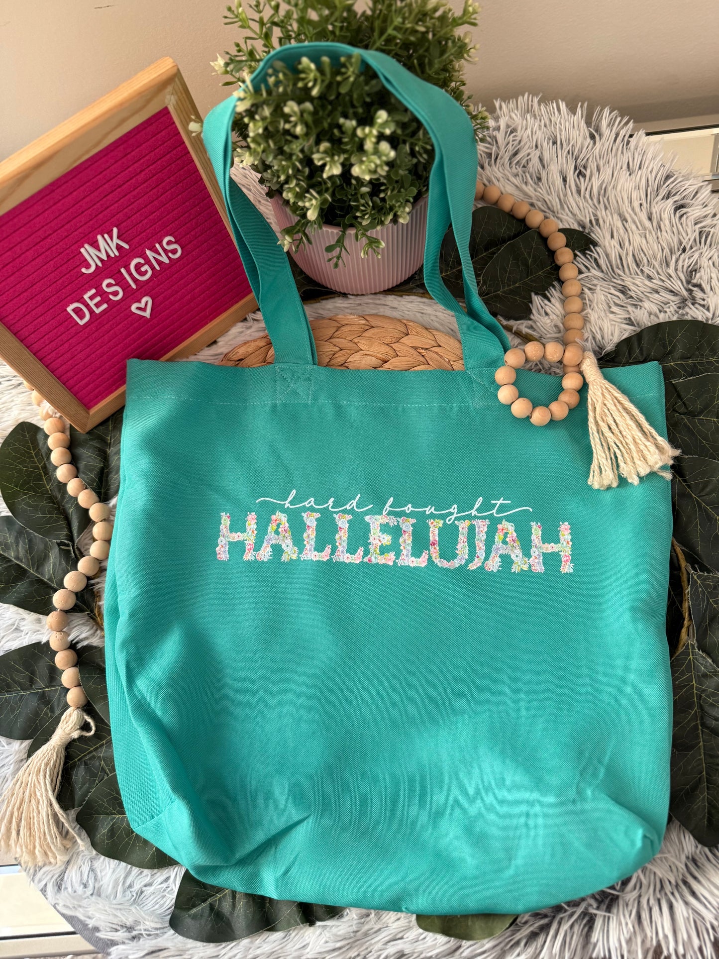 Hard Fought Hallelujah Floral Faith Tote – Teal Canvas