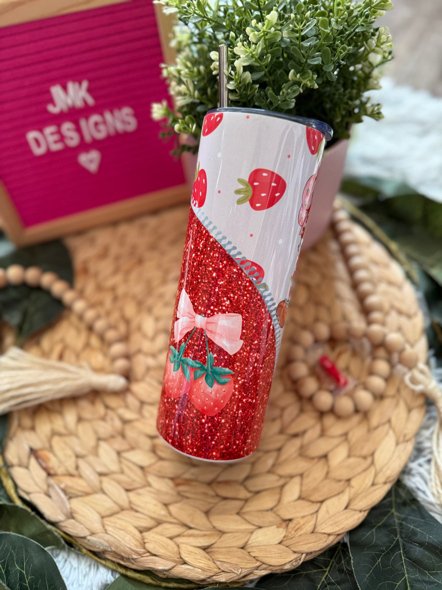 🍓 20oz Strawberry Glitter Stainless Steel Tumbler with Metal Straw