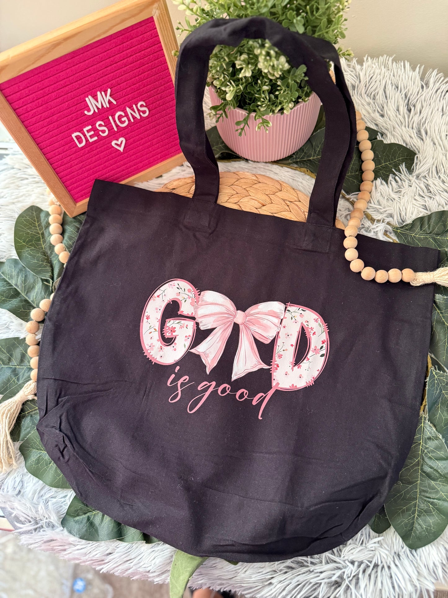 God is Good” Pink Floral Bow Tote Bag – Cream Canvas 🎀