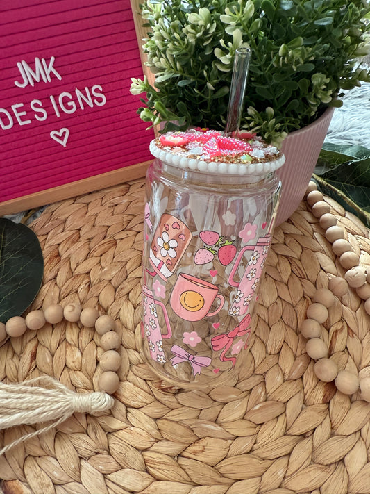 Pink Strawberry & Bow Glass Cup with Straw – 16oz Iced Coffee ,Tea or your favorite drink Glass cup 💕