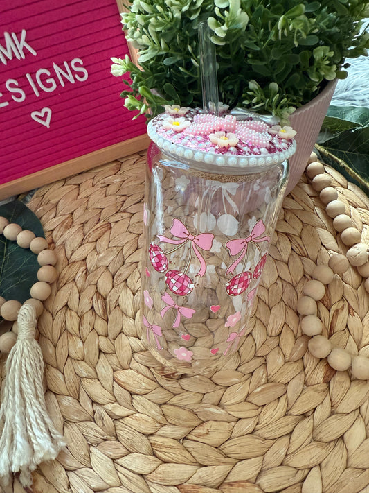 Pink Bow & Cherry Glass Cup 16oz with Decorative Lid & Straw 🎀