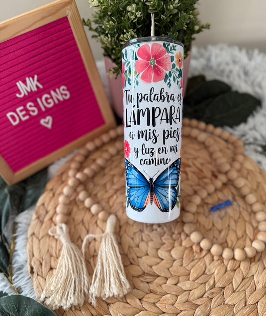 Tu Palabra” Floral Scripture Tumbler – 20oz with Straw & Tip 🦋