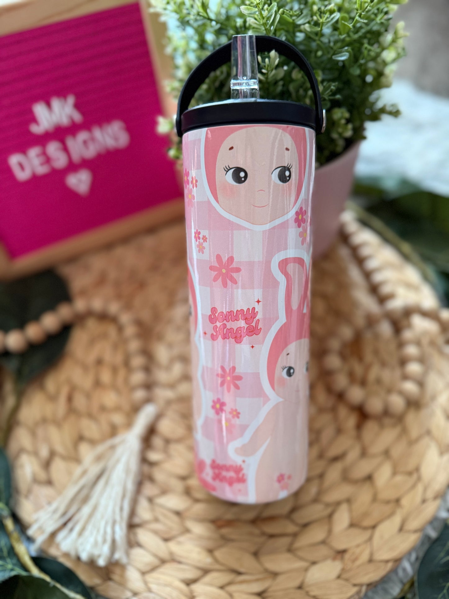 Angel Bunny 20oz Tumbler with Handle & Straw Pink Floral Design 🌸
