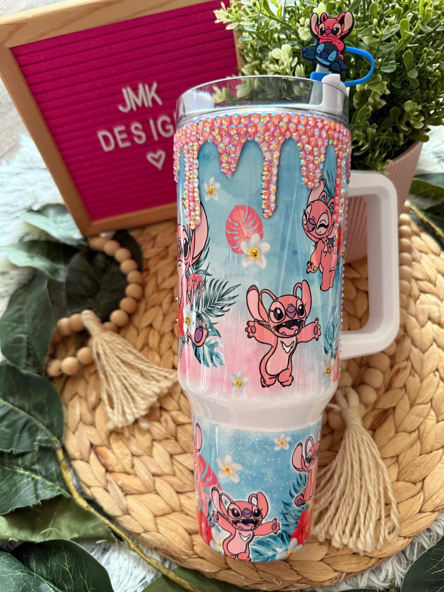 ✨ Pink Alien Tropical Rhinestone Tumbler 40oz with Handle & Lid ✨
