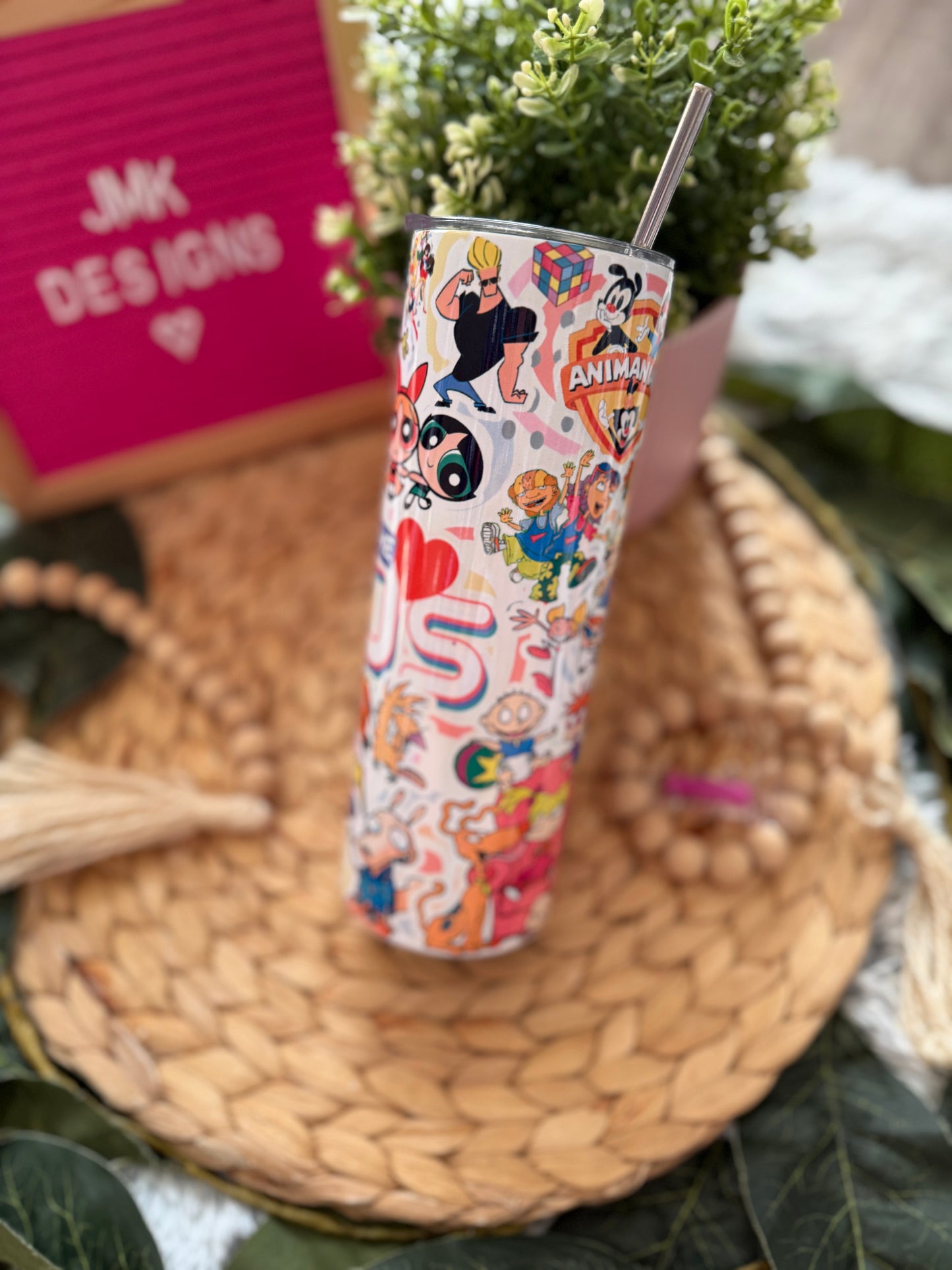 🎉 20oz Retro 90’s Cartoon Collage Stainless Steel Tumbler with Metal Straw
