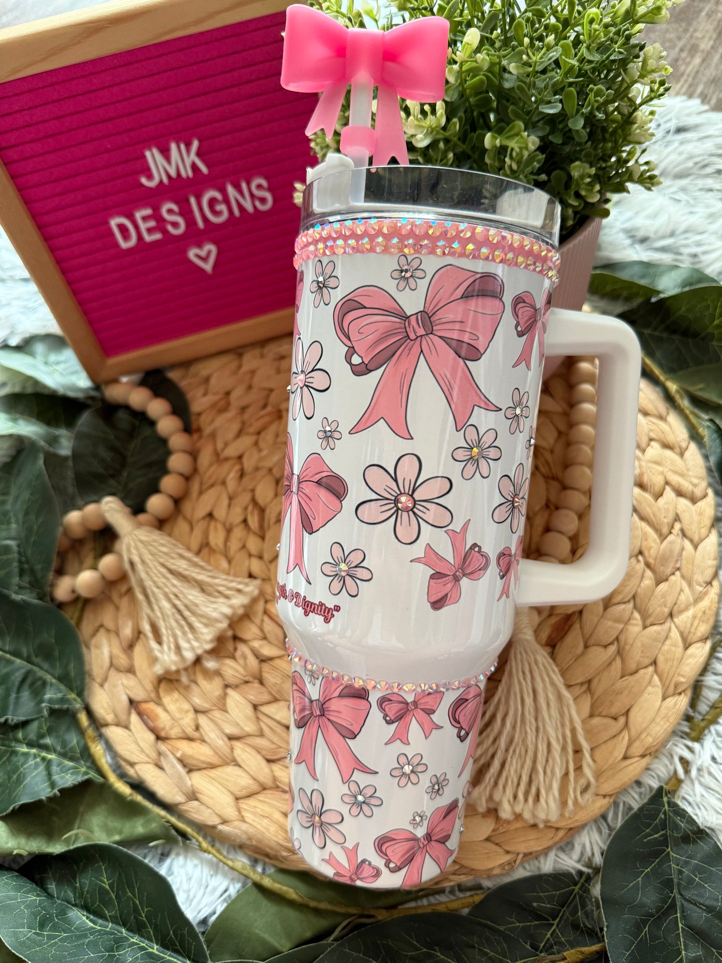 Pink Bow & Daisies Proverbs 31:25 Rhinestone Tumbler with Bow Straw Topper 40oz 🎀