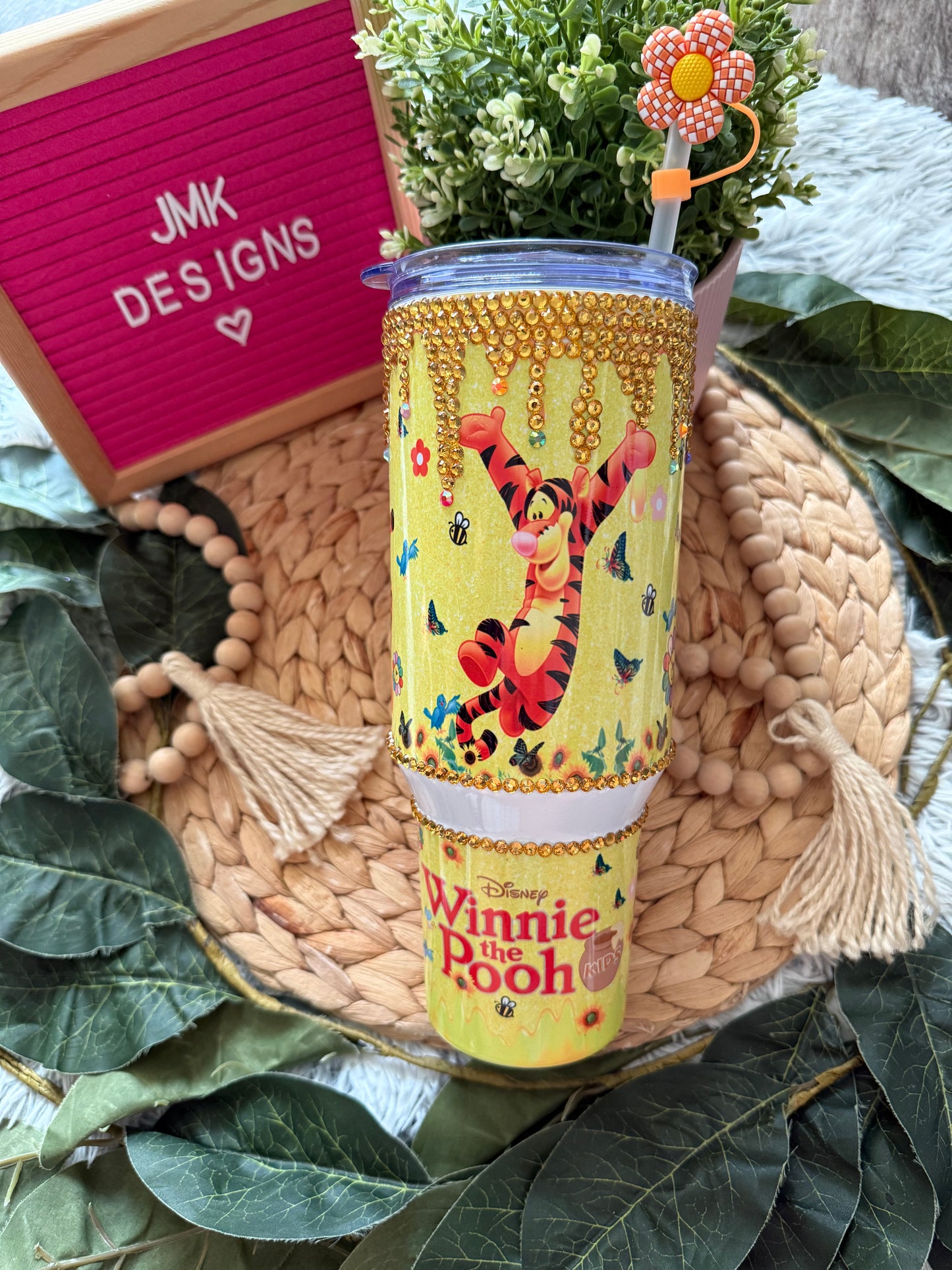 Bling Yellow Tumbler with Playful Tiger & Rhinestone Drip 40oz 💛