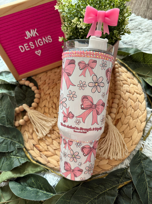 Pink Bow & Daisies Proverbs 31:25 Rhinestone Tumbler with Bow Straw Topper 40oz 🎀