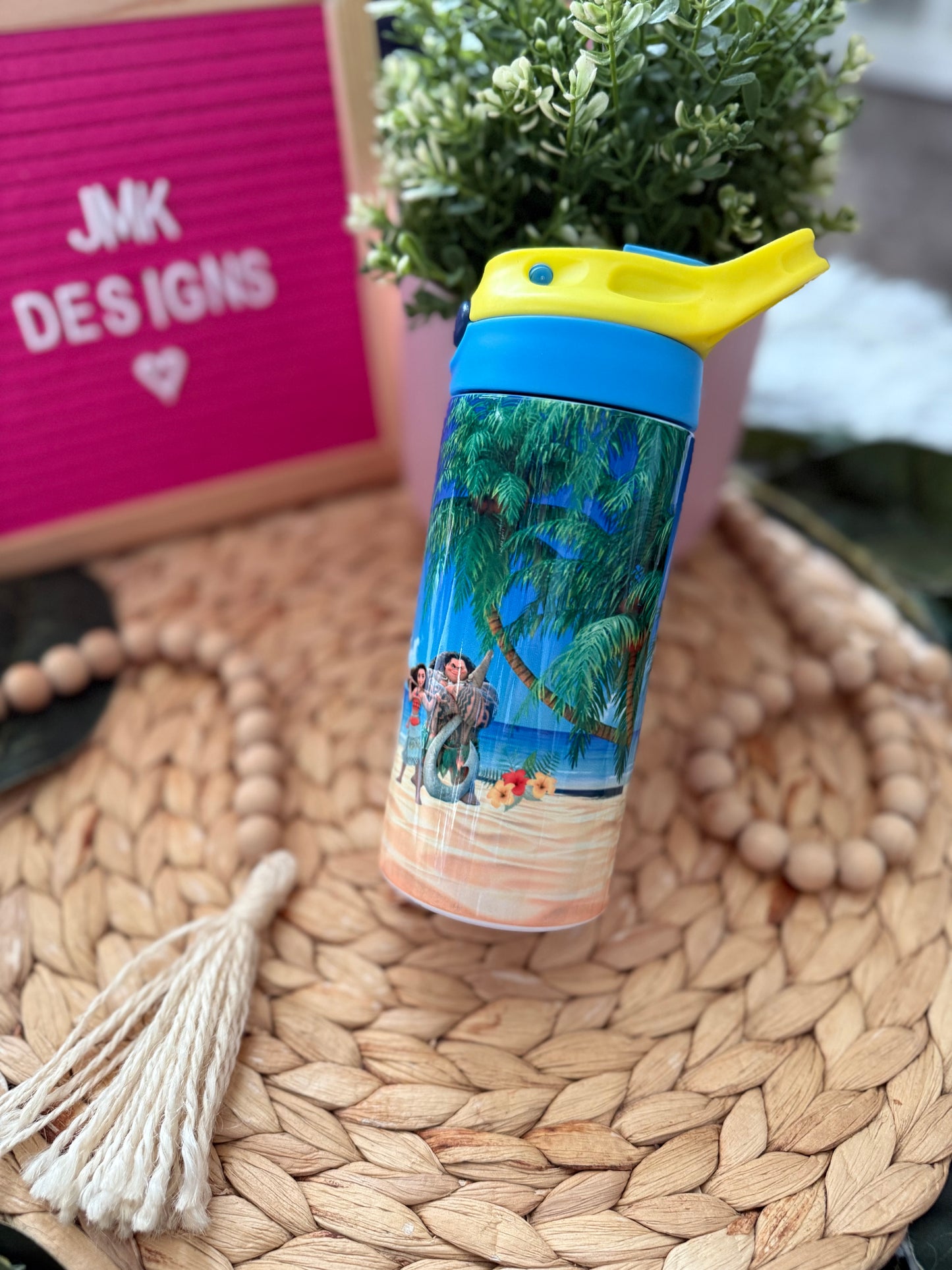 🌴 12oz Tropical Island-Inspired Kids Stainless Steel Bottle with Flip-Top Lid