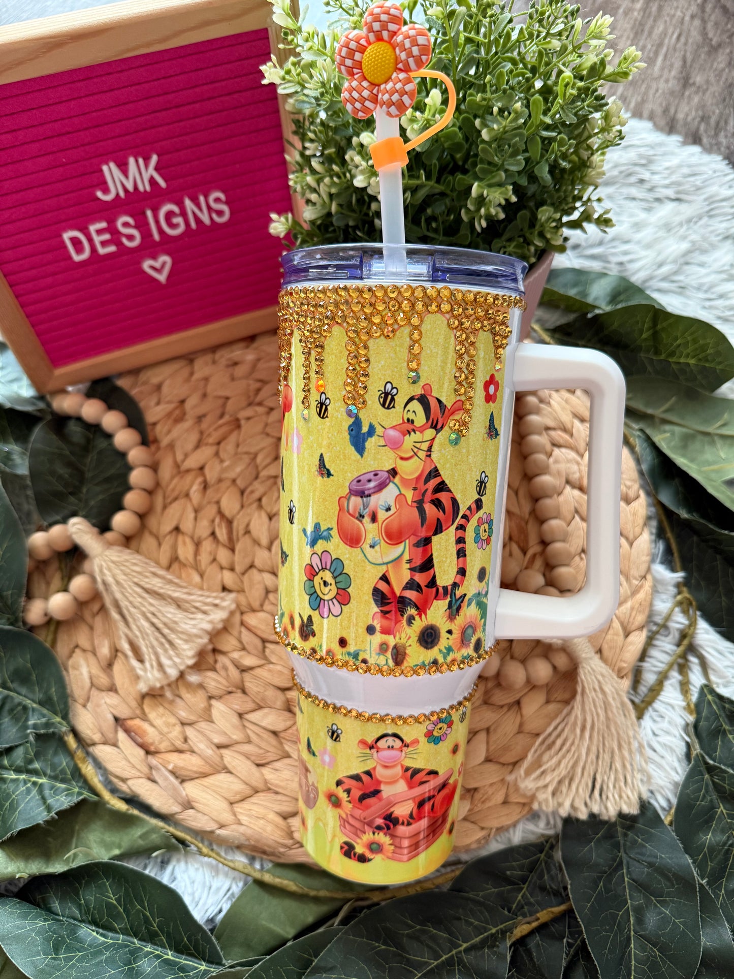 Bling Yellow Tumbler with Playful Tiger & Rhinestone Drip 40oz 💛