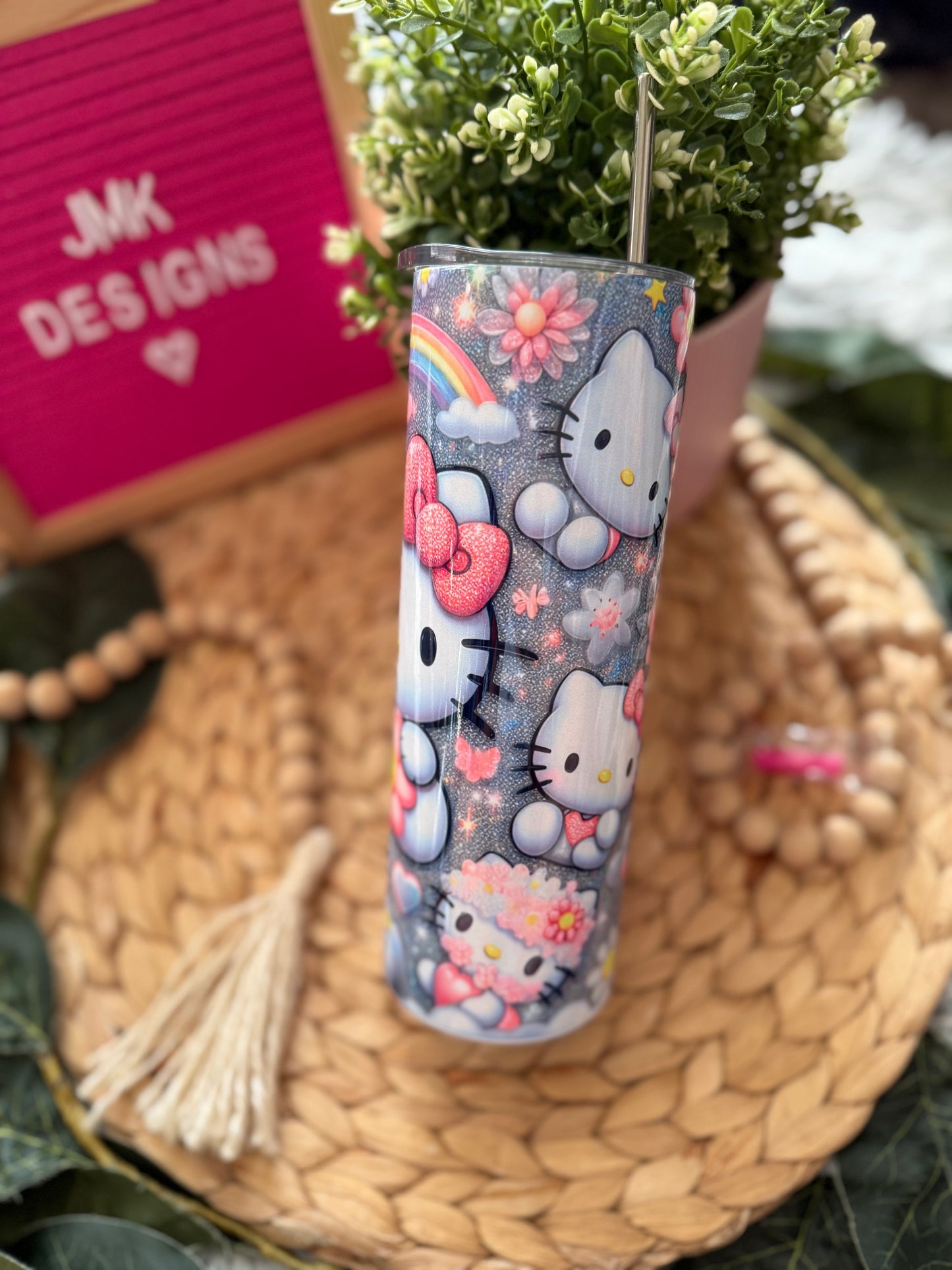 🌈 20oz Rainbow & Kitty-Inspired Stainless Steel Tumbler with Metal Straw 💕