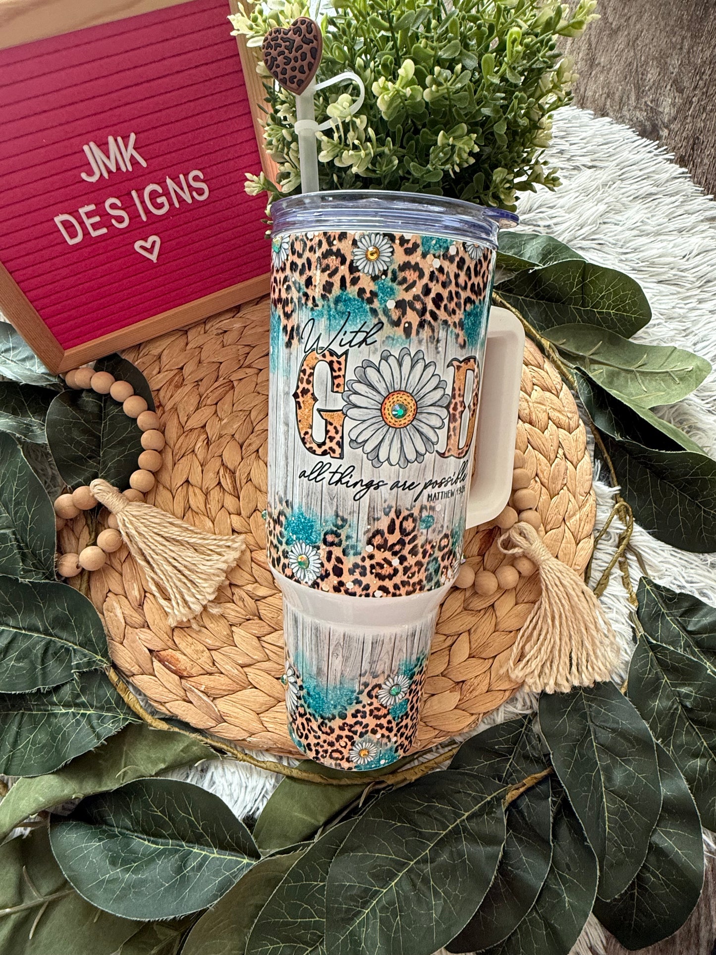 Pray Through It Leopard & Daisy Tumbler with Handle –Matthew 19:26 💕🙏🏼