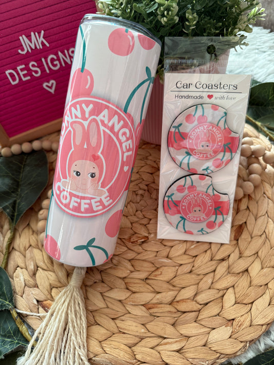 Angel Cherry 🍒 Custom Cup & Coaster Gift Bundle – Handmade Tumbler + Matching Coaster