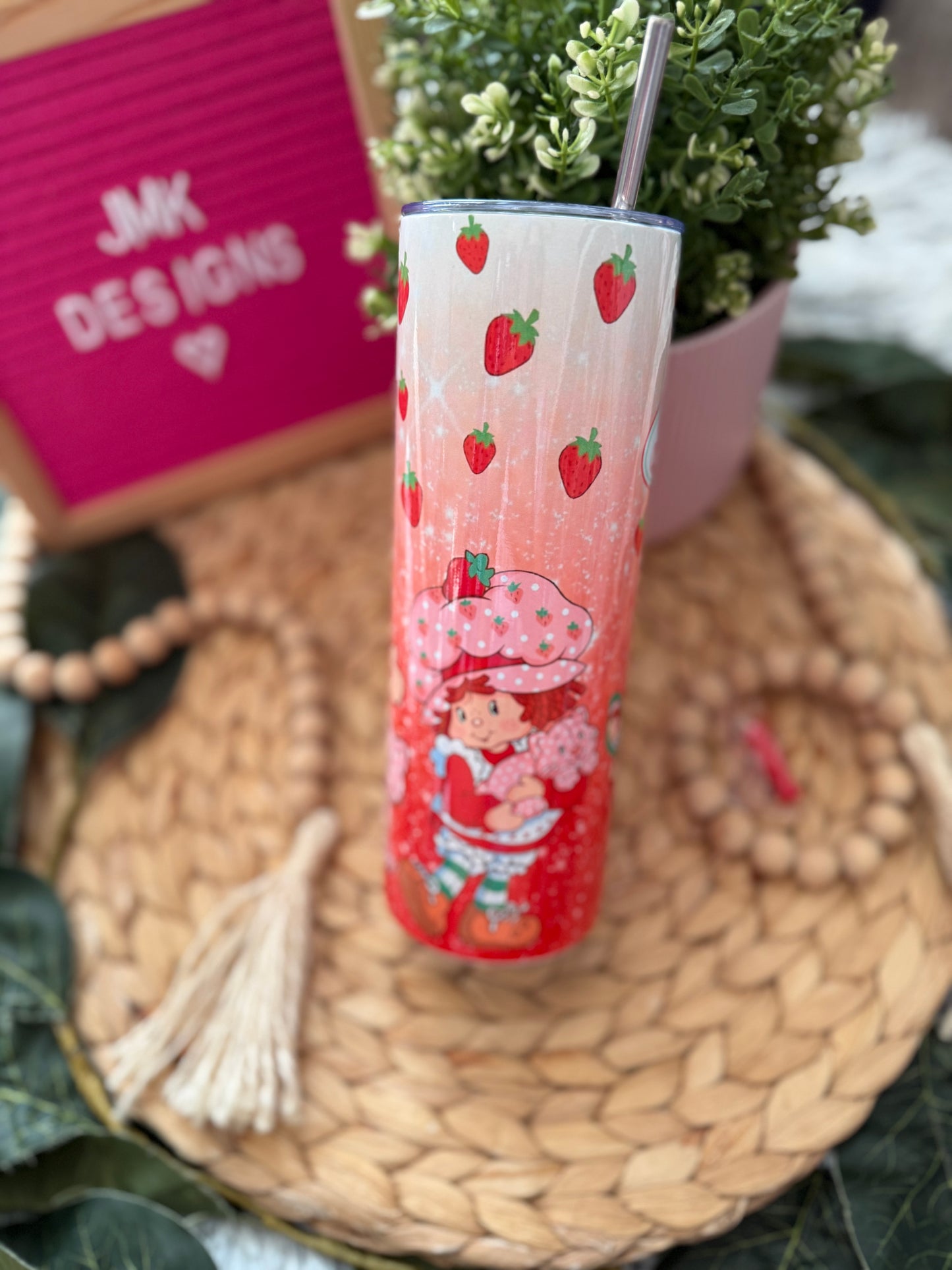 🍓 20oz Strawberry Glitter Stainless Steel Tumbler with Metal Straw