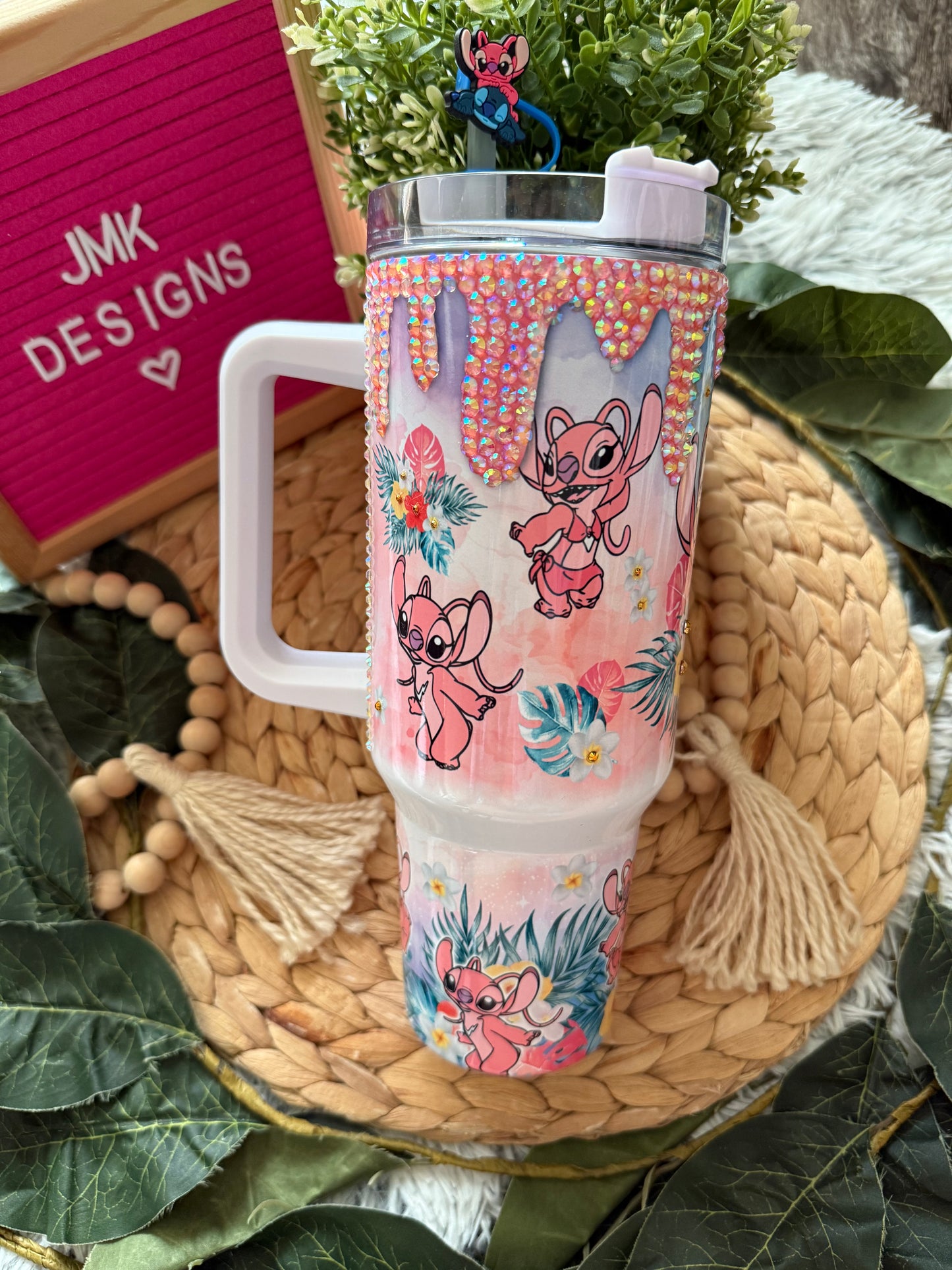 ✨ Pink Alien Tropical Rhinestone Tumbler 40oz with Handle & Lid ✨