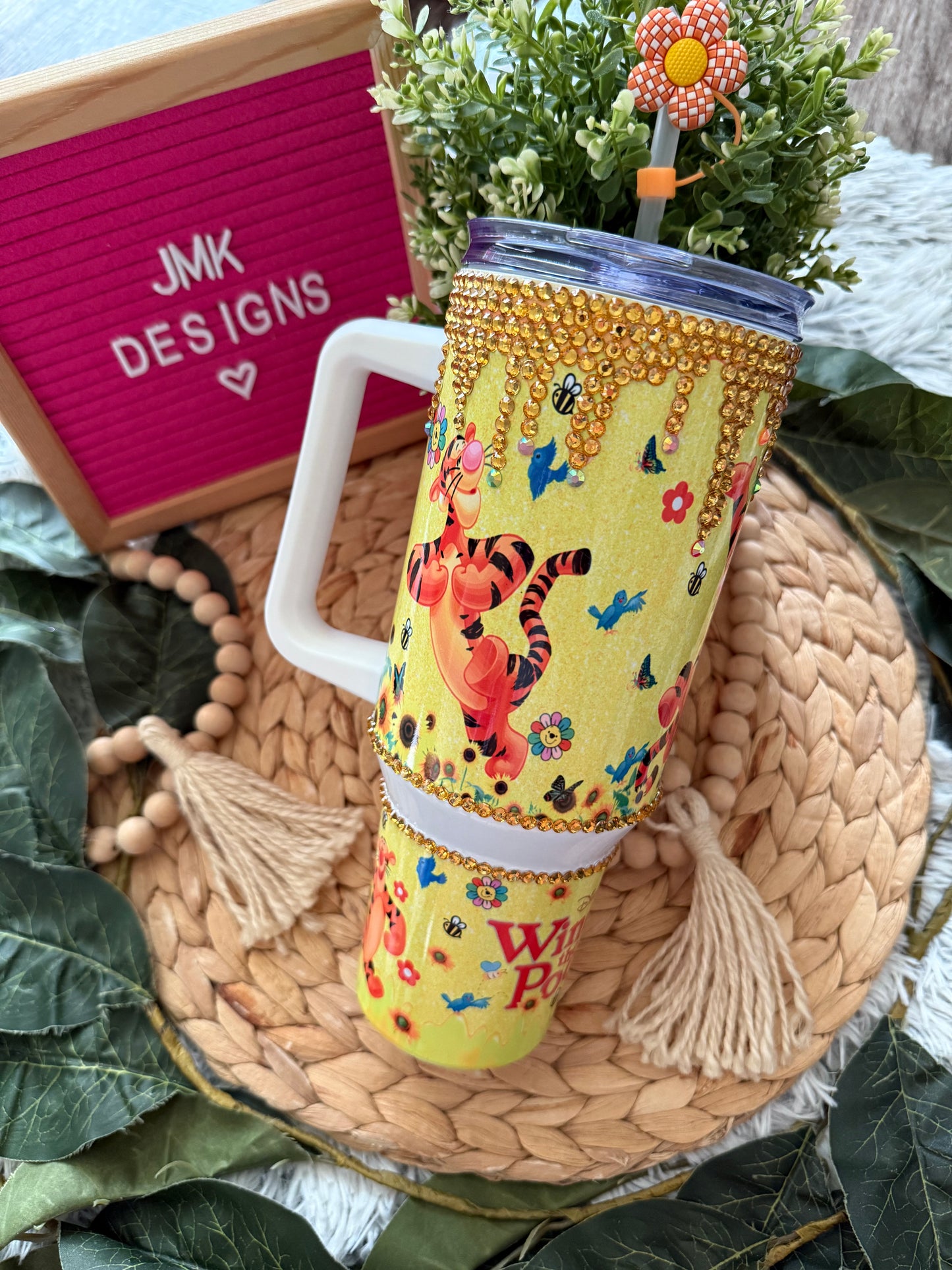 Bling Yellow Tumbler with Playful Tiger & Rhinestone Drip 40oz 💛