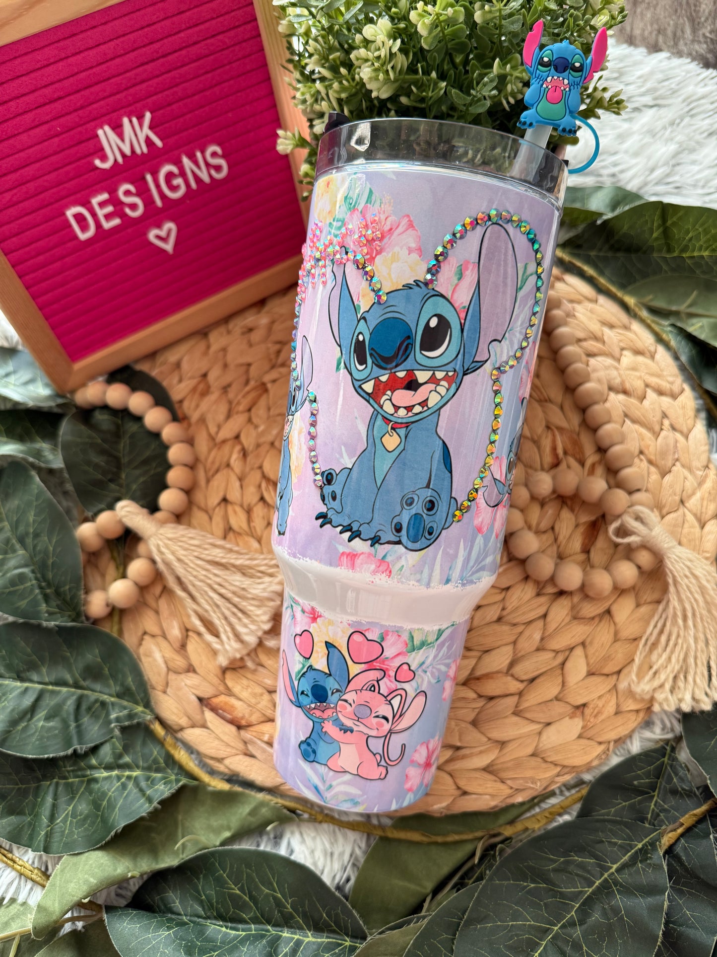 Blue Alien & Pink Friend Glitter Tumbler Cute Galaxy-Inspired Cup with Straw Topper 💙