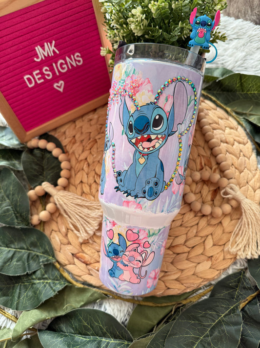 Blue Alien & Pink Friend Glitter Tumbler Cute Galaxy-Inspired Cup with Straw Topper 💙