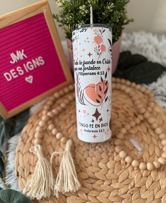 Fe y Fortaleza 20oz Tumbler – Spanish Bible Verse Floral Design 💞