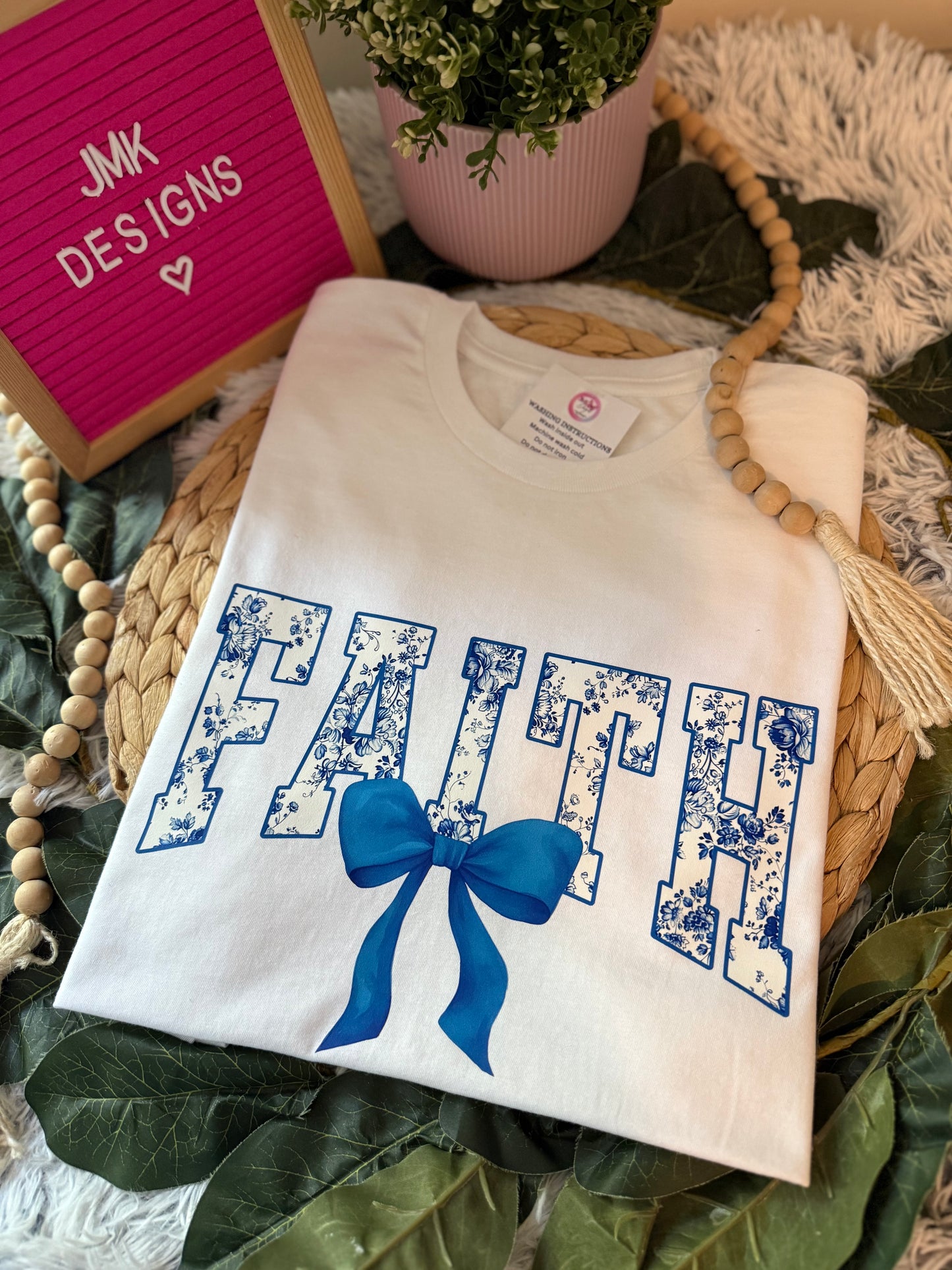 Floral FAITH Tee with Bow Blue on White 💙