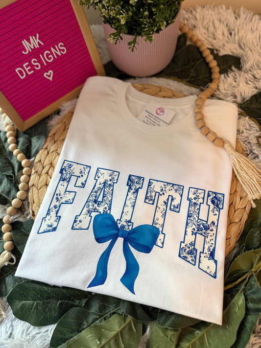 Floral FAITH Tee with Bow Blue on White 💙