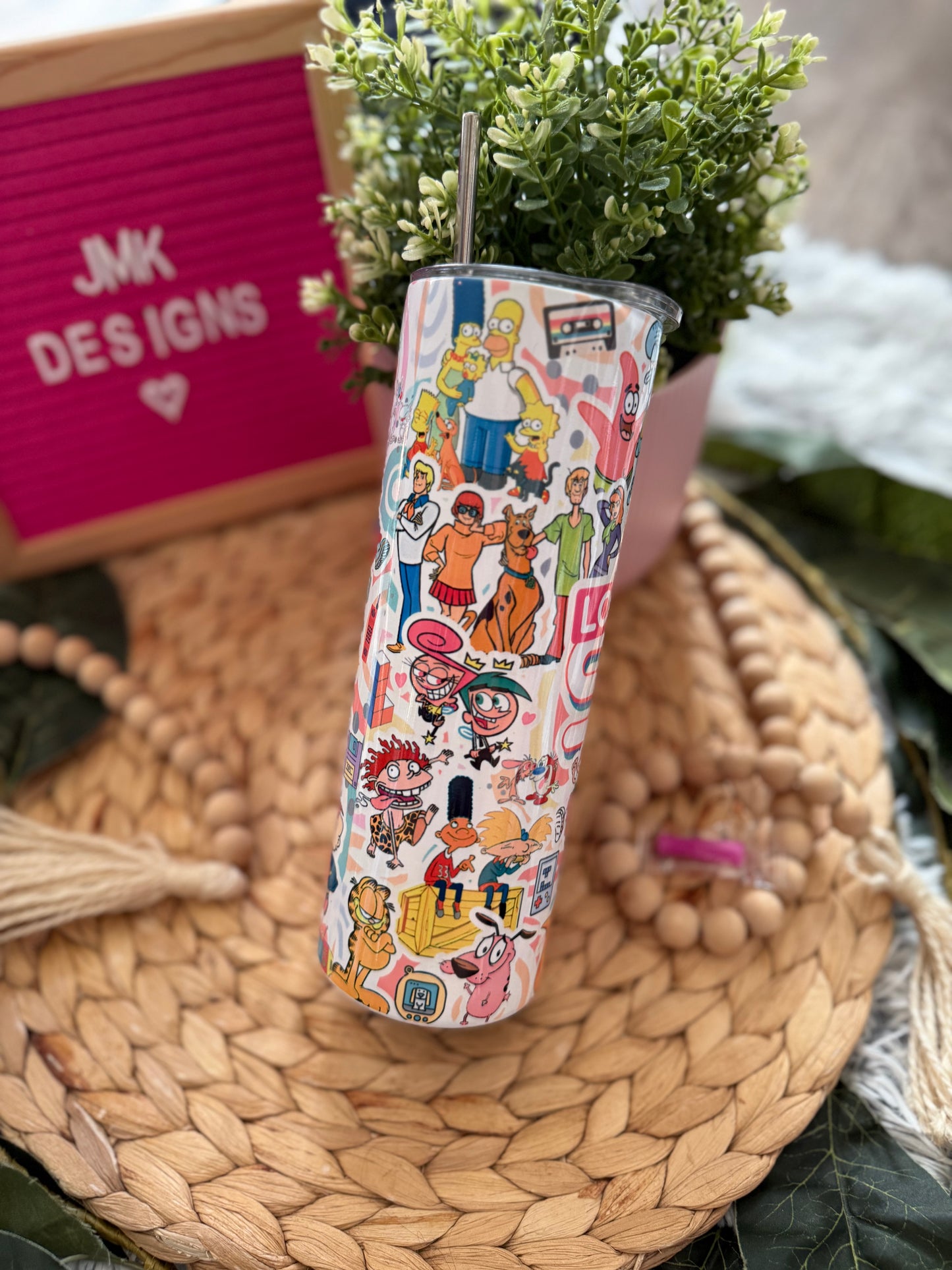 🎉 20oz Retro 90’s Cartoon Collage Stainless Steel Tumbler with Metal Straw
