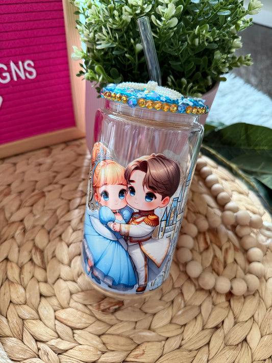 Princess & Prince Couple Glass 16oz cup with Rhinestone Lid & Glass Straw 💙