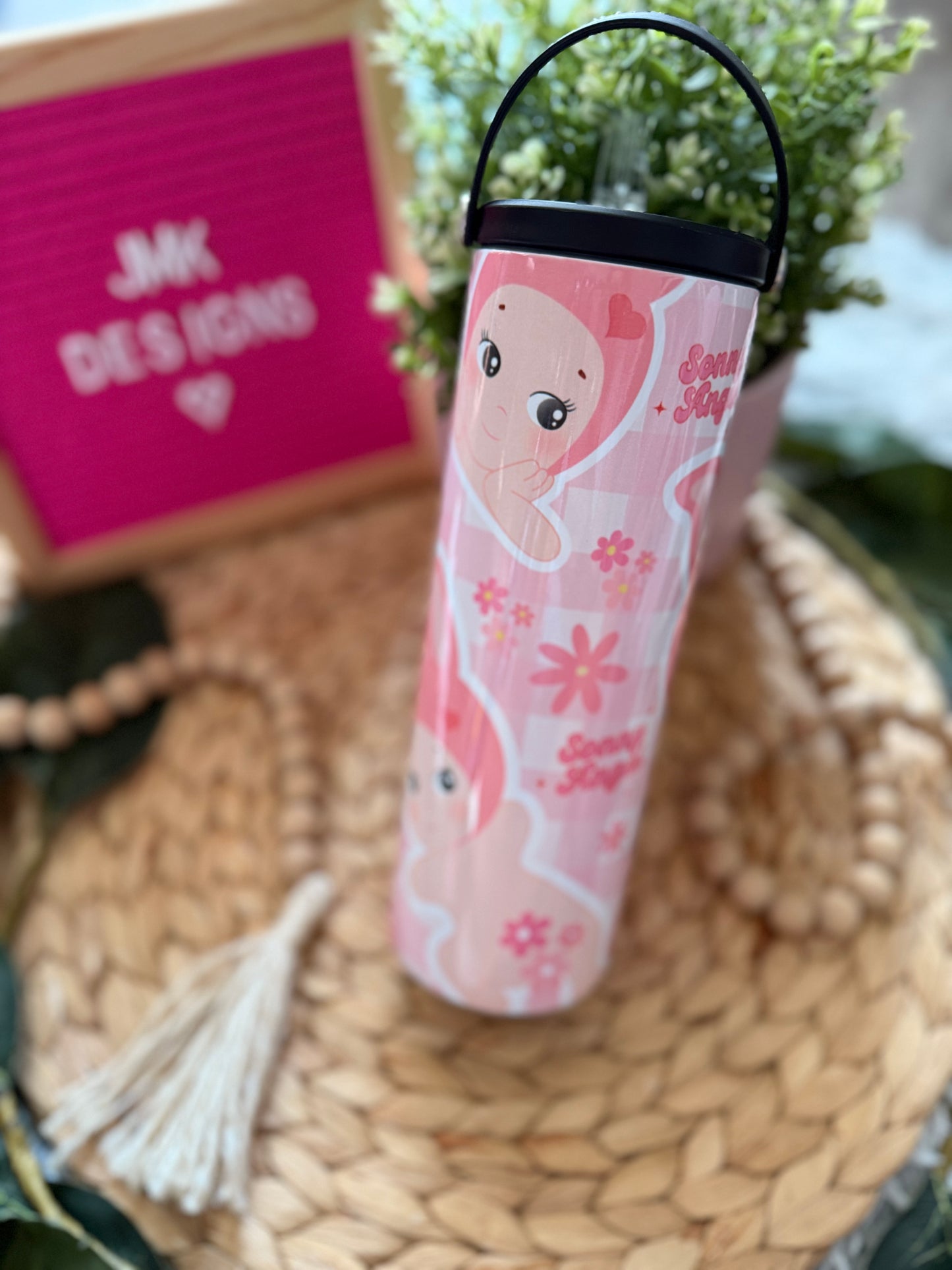 Angel Bunny 20oz Tumbler with Handle & Straw Pink Floral Design 🌸