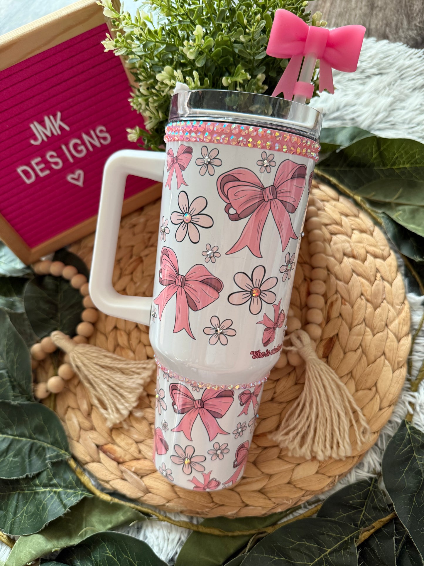 Pink Bow & Daisies Proverbs 31:25 Rhinestone Tumbler with Bow Straw Topper 40oz 🎀