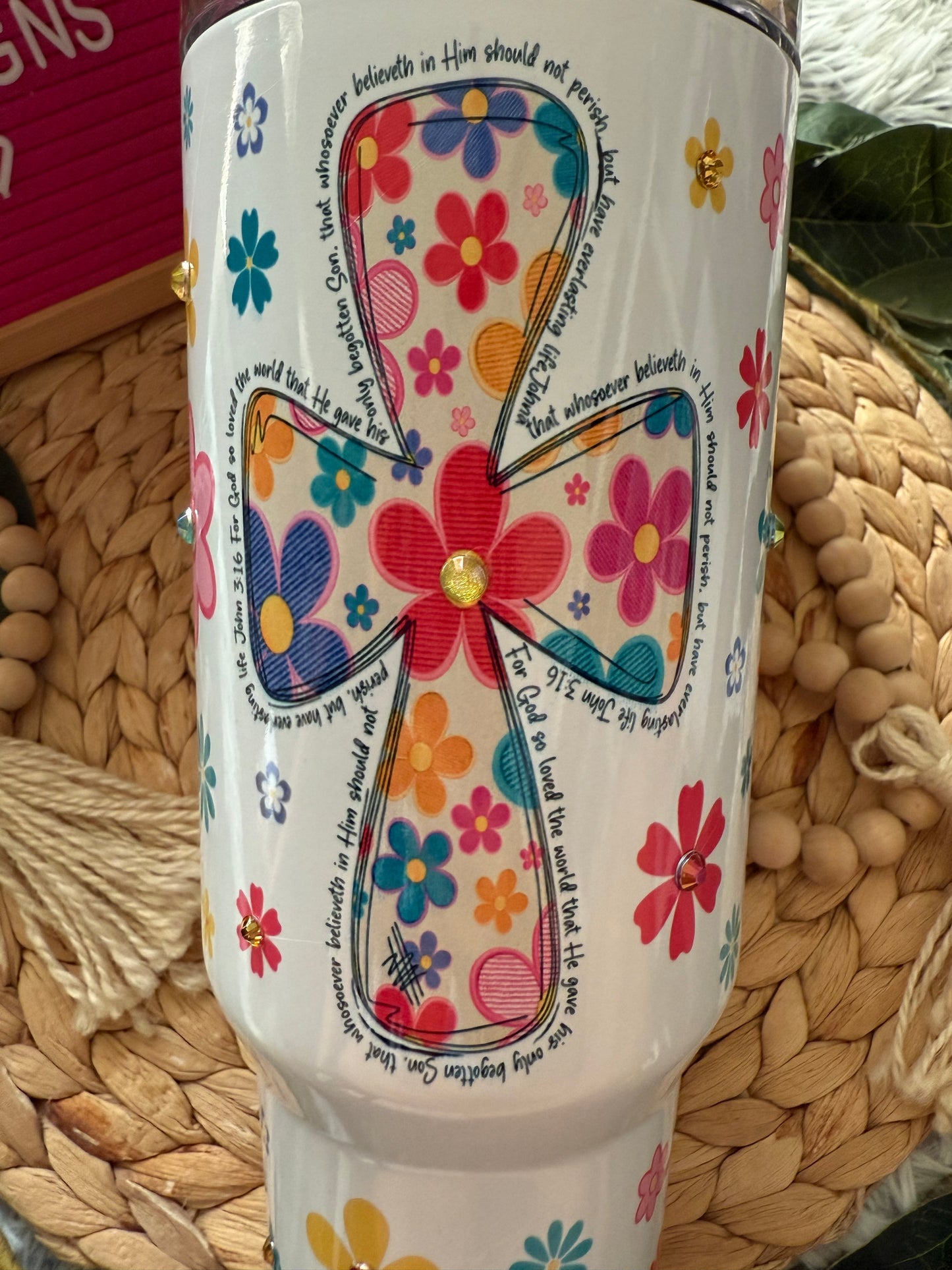 Floral Cross 30oz Tumbler with Rhinestones & John 3:16 Scripture 💕